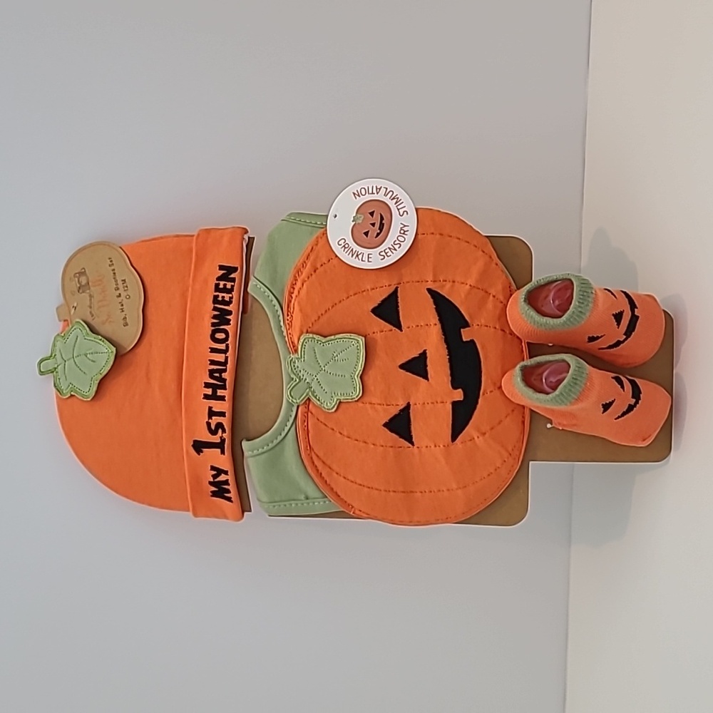 1st Halloween Baby Bib, Hat & Booties 3 piece set. 0-12 mo. Crinkle Sensory Bib
